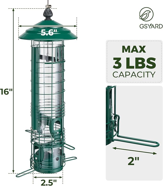 Kingsyard Squirrel Proof Bird Feeder for Outside Hanging, Weight-Activated All-Metal Wild Bird Feeders for Cardinal Finch, Detachable Base Easy to Clean, 3 LBS Capacity,Green