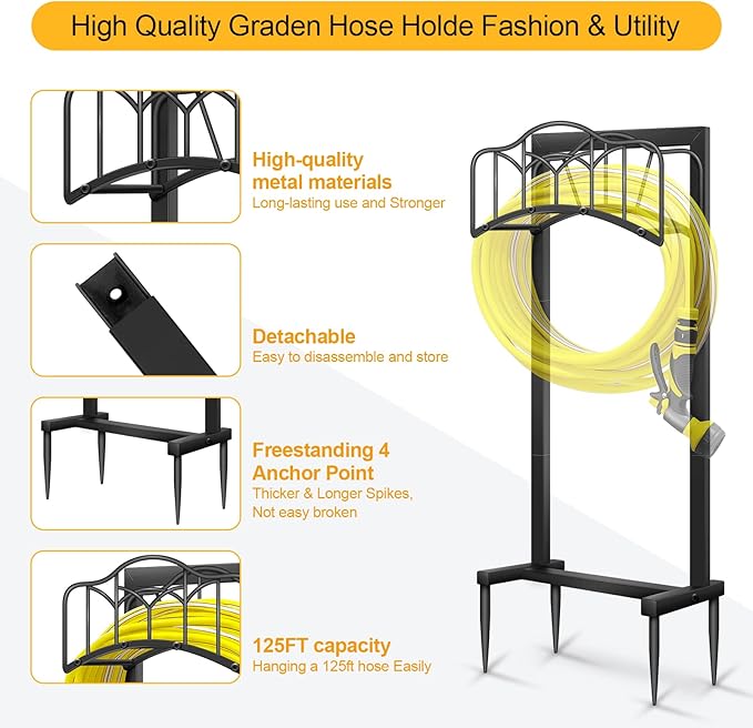 Garden Hose Holder -Upgraded Hose Holder Holds 100-feet Hose,Freestanding Heavy Duty Hose Hanger,Sturdy Hose Stand for Lawn & Yard,Black