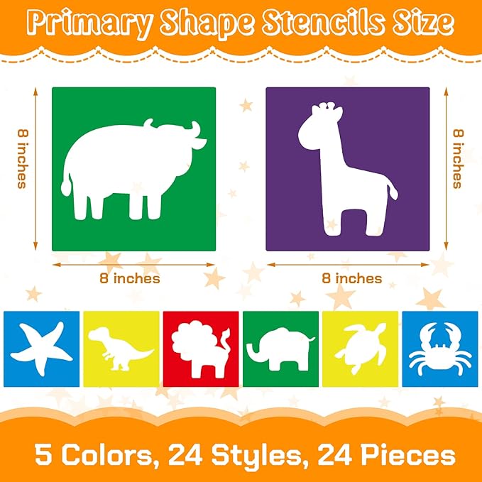 Epakh 24 Pieces Stencils for Kids 8 Inches Drawing Stencils Chalk Template Large Washable Geometric and Garden Themed Primary Shape Template for Kids Toddlers Preschooler(Animal Style)