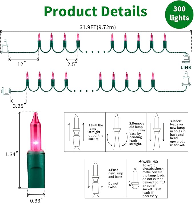 LAMPHOME Pink Lights for Valentines Day Decor, 300light 63.8FT(2pk of 150L) Pink Christmas String Fairy Lights Green Wire Plug in for Bedroom Indoor Outdoor Girl's Room Valentines Decorations