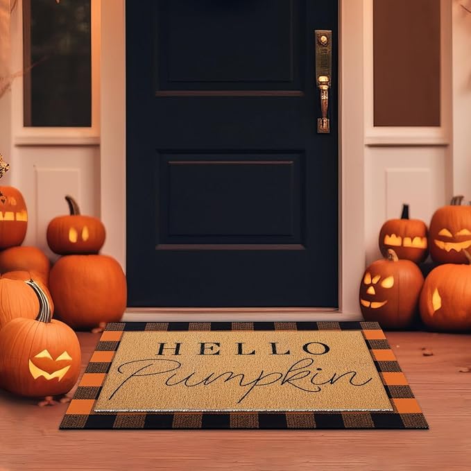 Tinideya 2 Pcs Fall Door Mat Thanksgiving Hello Pumpkin Welcome Non Slip Coir Mats Black Orange Buffalo Plaid Floor Layering Doormats Seasonal for Front Porch Entryway Decor(Black Orange)