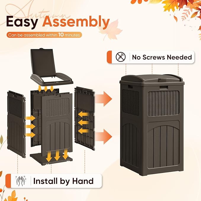 YESHOMY 33 Gallon Resin Outdoor Trash Can with Lid, Hideaway Waterproof Patio Garbage Bin, Brown