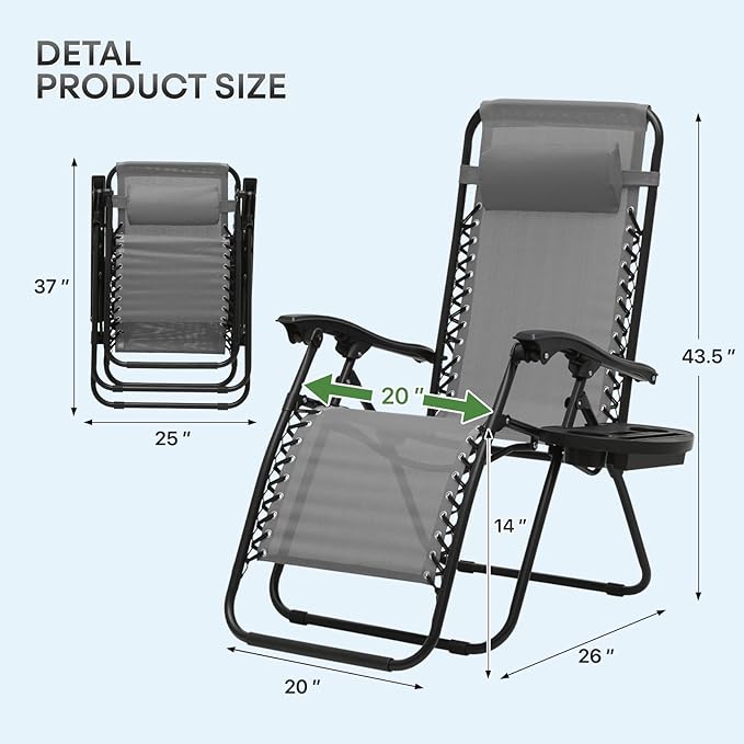 Athena Collection Zero Gravity Chair, Folding Lounge Chair, Reclining Camping Chair, Outdoor Zero Gravity Recliner with Adjustable Pillow and Cup Holder for Outside Beach Garden Patio Poolside - Gray