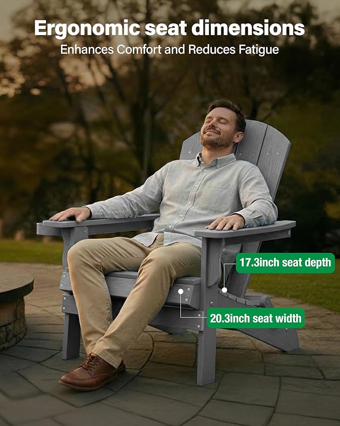 YEFU Adirondack Chair, Oversized Plastic Adirondack Chair Folding Outdoor Chairs with Cup Holder, Lawn Chair with Weather Resistant for Outside Deck Lawn Garden, Weight Capacity Up to 400 Lbs –Grey