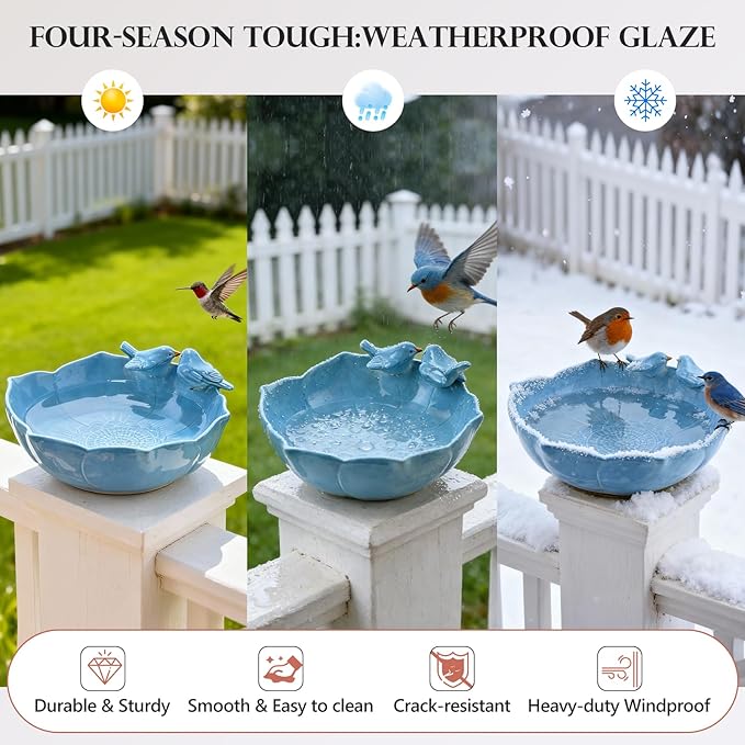 Ceramic Bird Bath for Outdoors, 10.1” Hand-Painted Glazed Ceramic Bird Baths Bowls and Feeders for Outside, UV/Frost-Resistant Finish Ground Garden Table Top Bird Baths Decor for Patio Yard Home Blue