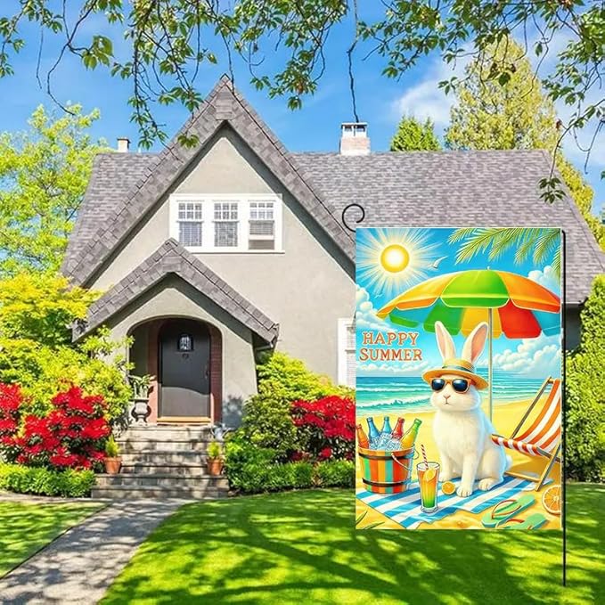 Summer Garden Flag 12x18 Double Sided, Burlap Outdoor Beach Sea Bunny Garden Flags Summer Coastal Decorations, Small Decorative Ocean Yard Flags for Outside Lawn Porch Décor