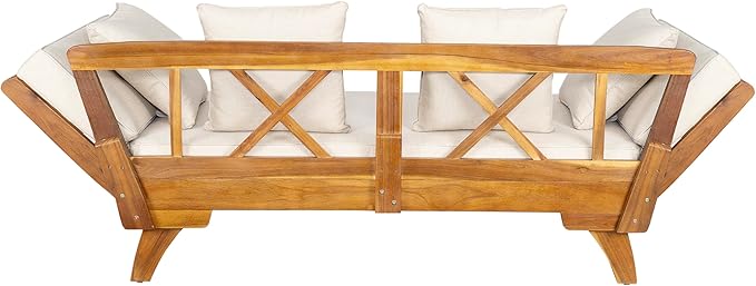 Christopher Knight Home Gary Patio Convertible Couch, Wooden Outdoor Daybed, 3-Seater Acacia Wood Patio Furniture Lounge Sofa for Backyard/Poolside/Garden, Back Pillow+Removable Cushion, Teak+ Beige
