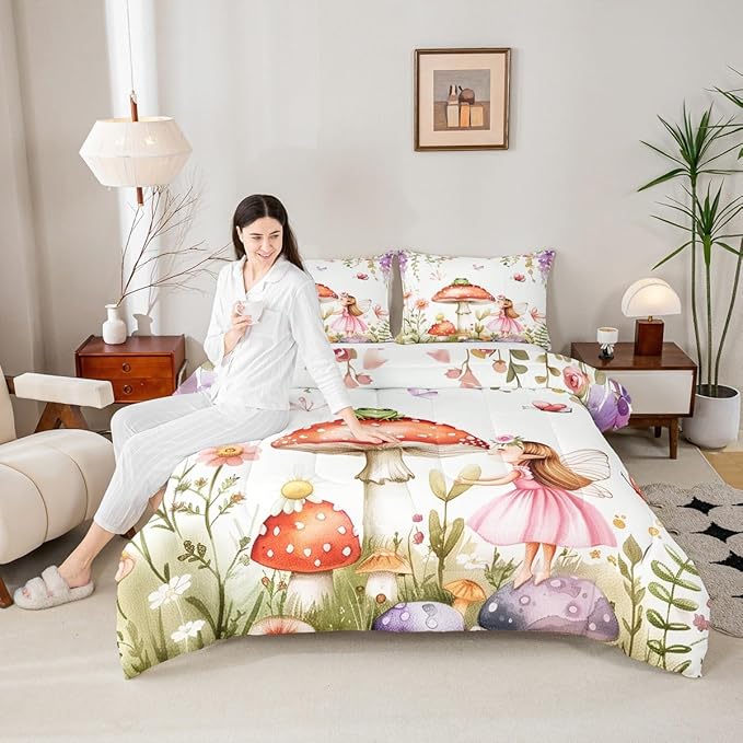 Erosebridal Fairy Garden Twin Bedding Set - Mushroom & Frog Comforter Set for Kids Girls, Butterfly Floral Forest Themed Quilt | Whimsical Fairies Bedroom Decor with 1 Pillowcase