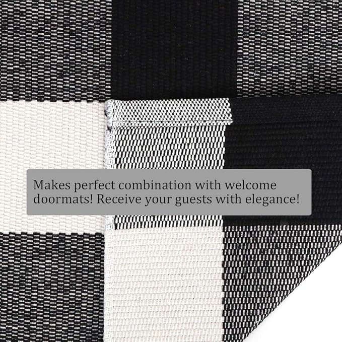 Buffalo Plaid Outdoor Rug, 3'x5' Black and White Check Indoor/Outdoor Area Rugs, Layering Rug for Hello/Welcome Door Mat, Washable Cotton Woven Farmhouse Mat for Christmas Front Porch Décor