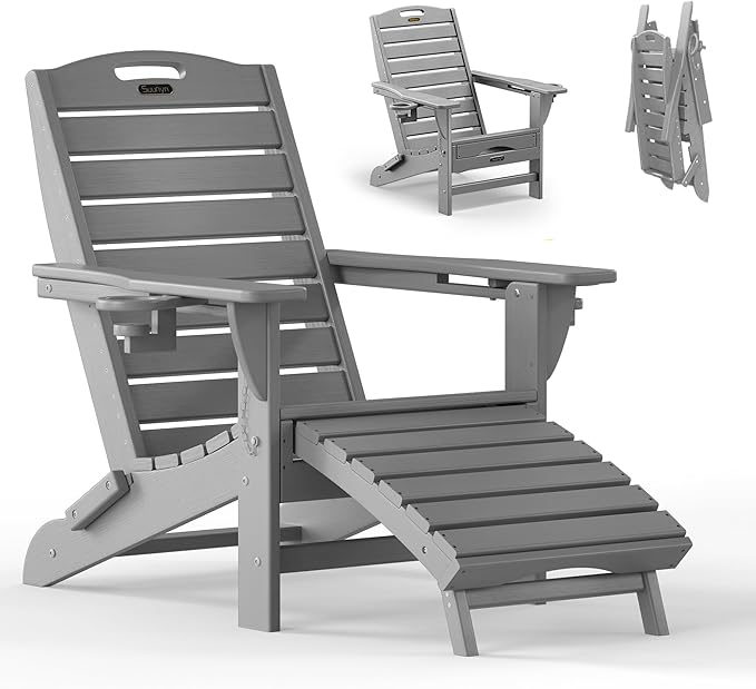 Folding Adirondack Chair with Retractable Ottoman Weather Resistant Fire Pit Chair Patio Chair with 2 Cup Holder Lawn Outdoor Lounge Chairs (Gray)