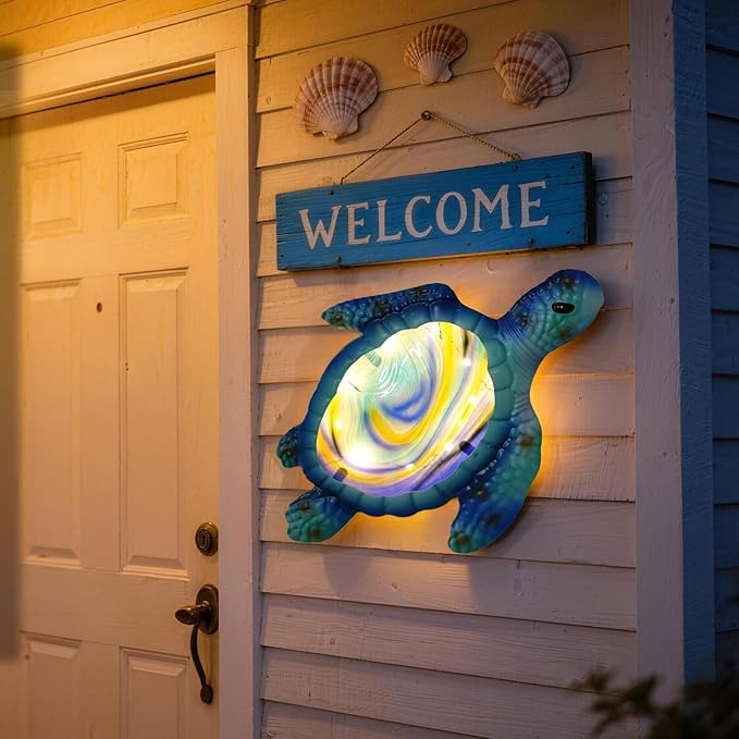 LIFFY Metal Fish Wall Decor with Frame-Outdoor Wall Art, Wall Decor with LED Fairy Lights, Fish Glass Art Wall Sculpture for Patio,Beach,Garden,Yard,Pool,home gift(2pcs, Blue) (Light Turtle)