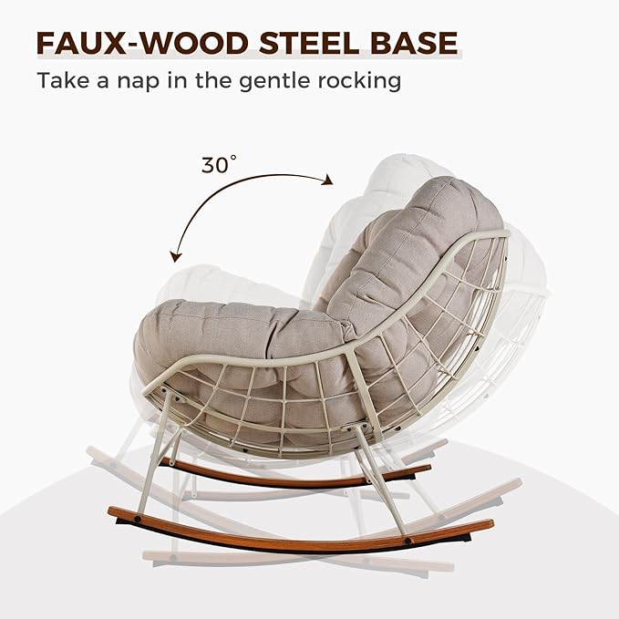 Grand patio Rocking Chair Outdoor, Oversized Rocking Chair for 2 with E-Coated Steel Frame and Thick Cushion, Comfy Papasan Loveseat Rocker for Patio Porch Deck