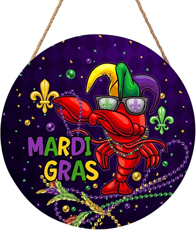 Mardi Gras Carnival Door Sign For Front Door Decor,Purple Yellow Green Mask Wooden Sign 12"x 12" Round Wood Hanging Door Sign Decoration for Wall Rustic Farmhouse Decor