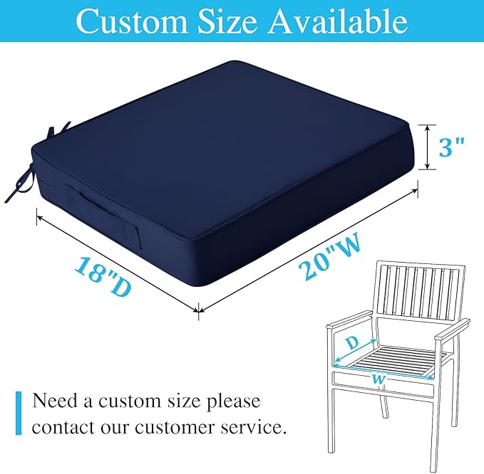 Amagenix Outdoor Chair Cushions Set of 2, 20"x18"x3" Waterproof Outdoor Seat Cushions for Patio Furniture, Stripe Reversible Patio Cushions with Ties & Handle & Hidden Zipper, Fade-Resistant,Navy Blue