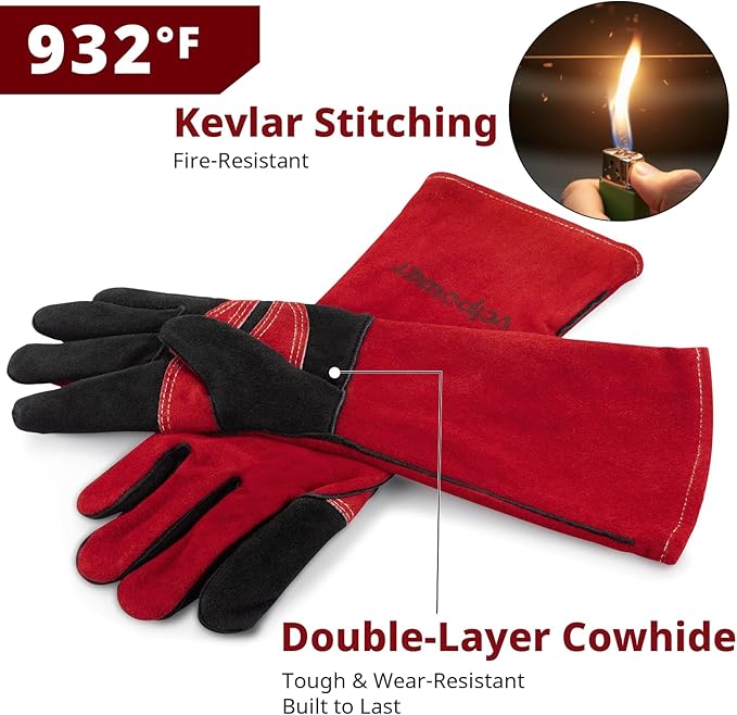 Welding Gloves 16 Inches 932°F Extreme Heat Fire Resistant Leather Forge Gloves for Mig, Tig, Stick, BBQ, Fireplace, Wood Stove, Furnace, Animal Handling, Handling Dry Ice - Safety Work XL
