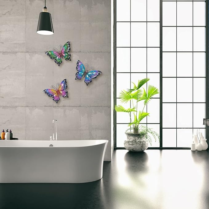 3 Pack Metal Butterfly Wall Art Outdoor Decor, Butterflies Spring Wall Sculpture Hanging Metal Wall Decorations for Garden, Patio, Fence, Yard, Living Room, Bedroom