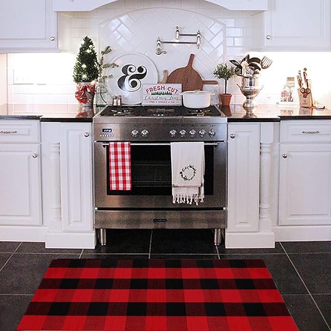 Christmas Door Mat Outdoor 24"x51"Buffalo Plaid Christmas Decor Rug Cotton Hand-Woven Layered Door Mats Washable Carpet for Front Porch, Kitchen, Farmhouse, Entryway