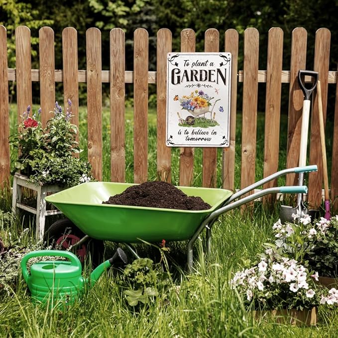 Vintage Tin Sign - 'Plant A Garden' for Home, Greenhouse - 12"x8"