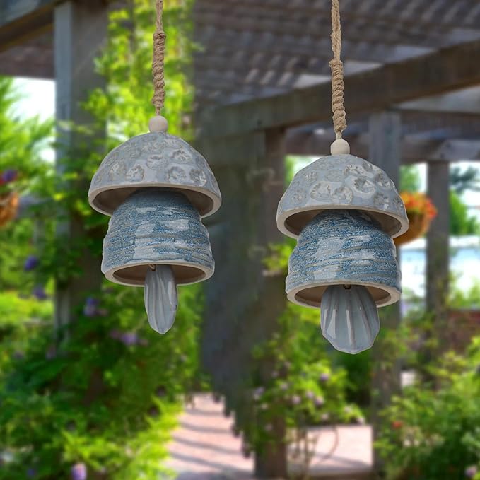 DiliComing Outdoor Wind Chimes Garden Decor - 2-Pack Ceramic Wind Chimes for Outside Deep Tone Memorial WindChimes Weather Resistant Outdoor Porch Front Door Sympathy Bell Gift for Mom Grandma