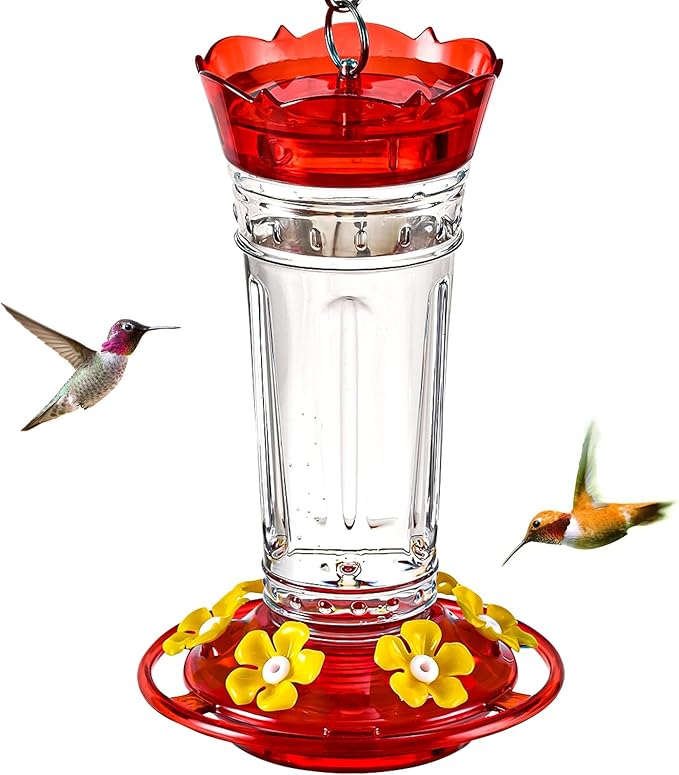 Hummingbird Feeder for Outdoors Hanging, 18 OZ Humming Birds Feeders with 6 Bee Guard Feeding Ports & Built-in Ant Moat, Easy to Clean, Durable Outdoor Garden Decor(Clear B 1 Pack)