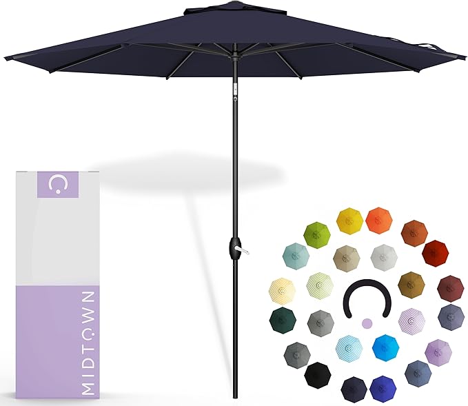 Midtown Umbrellas - 10-Year-No-Fade 8 Ft Patio Umbrella with Terylast Fabric, Auto-Tilt Aluminum Frame and 8 Reinforced Ribs for Deck, Pool, Garden & Beach - Navy Blue Canopy, Black Pole