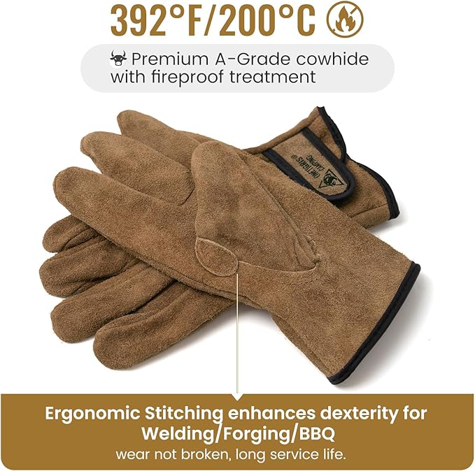 ONETIGRIS Welding Gloves,Fireproof Leather Work Gloves for Men/Women - Forge, BBQ, Camping, Wood Stove,Heat-Resistant Cowhide, Comfort Lined