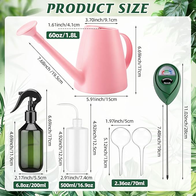 6 Pcs Indoor Watering Can Set 1/2 Gallon Can 6.8 oz Spray Bottle 17 oz Squeeze Bottle Plant Watering Globes Soil Moisture Meter Small Spraying Set for Indoor Outdoor Plants(Pink)