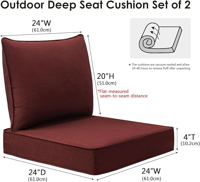 Sunbrella Outdoor Patio Chair Cushions Set, 24" x 24", Set of 2, Water-Repellent, Fade Resistant, Deep Seat Cushion for Backyard, Couch, Sofa and Patio Furniture, Spectrum Brick