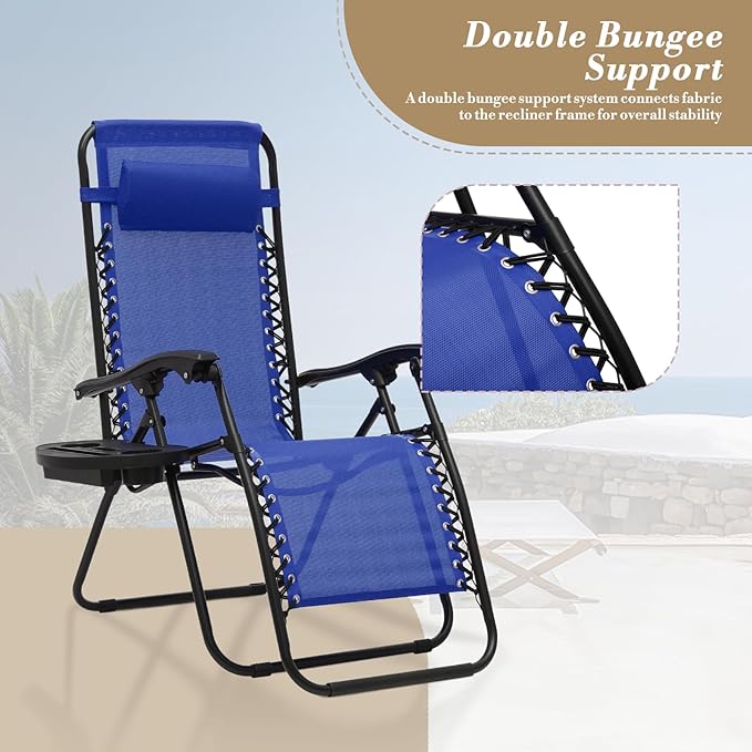 Athena Collection Zero Gravity Chair, Outdoor Lounge Chair with Adjustable Pillow and Cup Holder, Reclining Camping Chair for Outside Beach Lawn Garden Patio Poolside Set of 2 - Blue