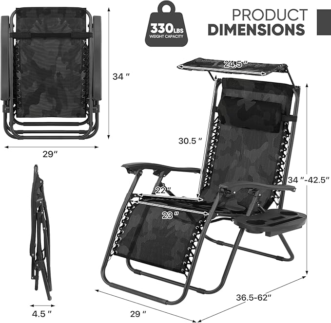 Magshion Zero Gravity Lounge Chairs with Canopy Set of 2, Outdoor Foldable Patio Reclining Chair, Adjustable Anti-Gravity Recliners with Headrest, Folding Lounger for Lawn Camping Beach, Camouflage