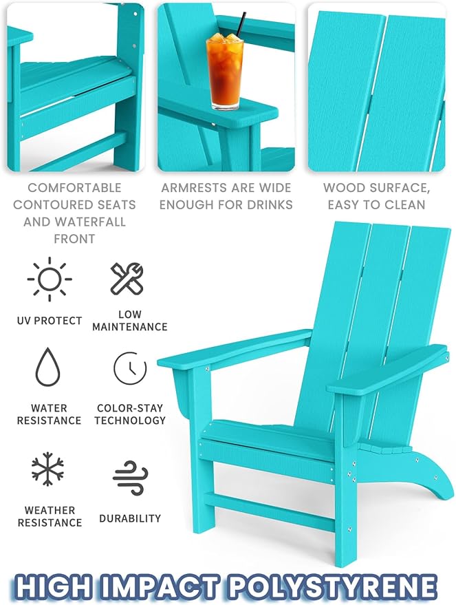 Modern Adirondack Chairs Set of 6, HDPE Plastic Patio Chairs for All Weather, Fire Pit Chair, Outdoor Lawn Chairs for Deck, Porch, Backyard, Garden, Aruba Blue