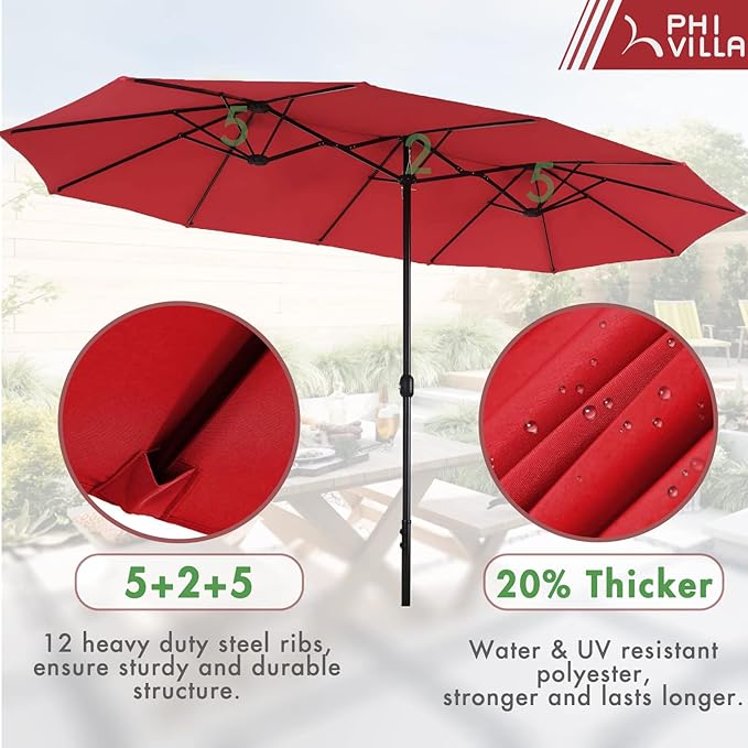 PHI VILLA 8 Piece Patio Dining Set with 13ft Double-Sided Patio Umbrella,Metal Outdoor Table Furniture Set with 6 Outdoor Stackable Chairs, 1 Rectangle Dining Table and 1 Large Umbrella
