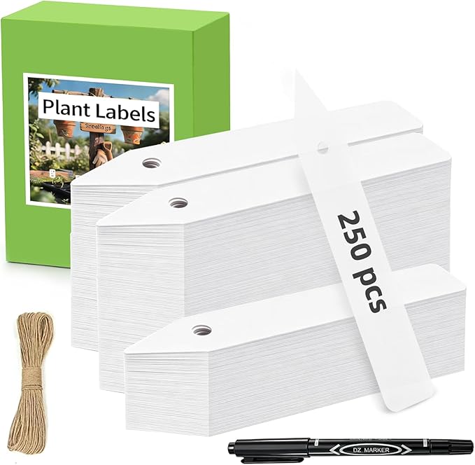 Plant Labels 250 PCS, Slim White Garden Plant Tags with Holes, PP Plastic Waterproof Labels with Permanent Marker, Jute Twine & Storage Box for Indoor & Outdoor Gardening (250PCS)