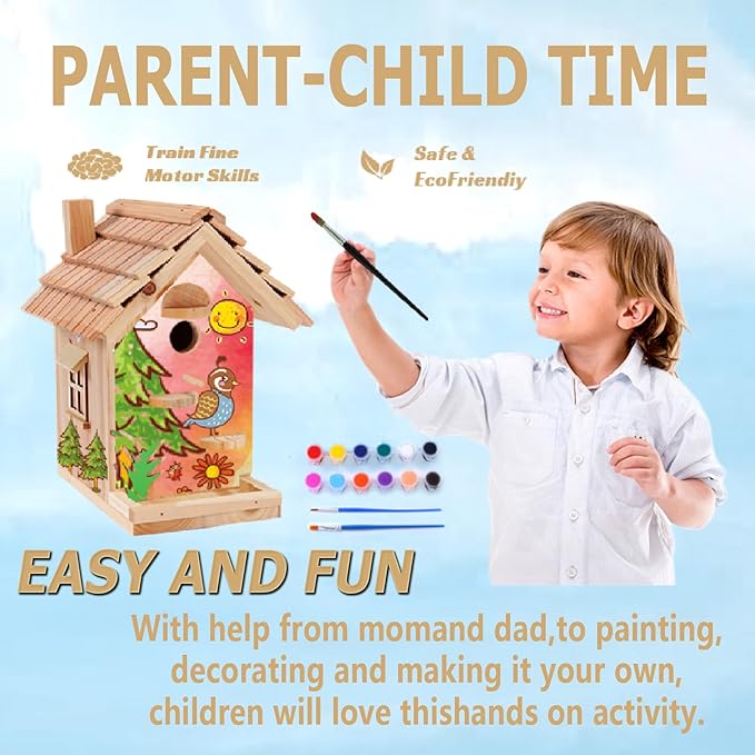 DIY Birdhouse Building Kit for Adults, Wooden Bird Houses to Paint for Kids, Outdoor Woodworking Kits Adult Crafts for Outside(Wood, 6.5in)