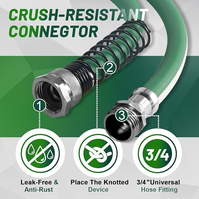 Heavy Duty Garden Hose 75 ft – Outdoor Hybird Water Hose with Solid Fitting - Flexible, Kinkless, Lightweight Garden Hose for Lawn Watering, Car Washing - Burst 500 Psi (Green, 75 FT)