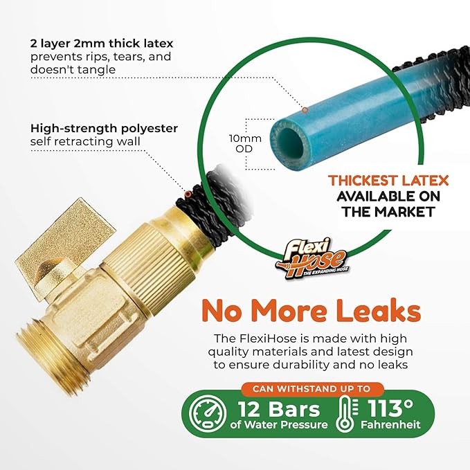 Flexi Hose Lightweight Expandable Garden Hose, 25FT -Retractable Garden Hose, Water Hose - No-Kink Flexibility, 3/4 Inch Solid Brass Fittings and Double Latex Core