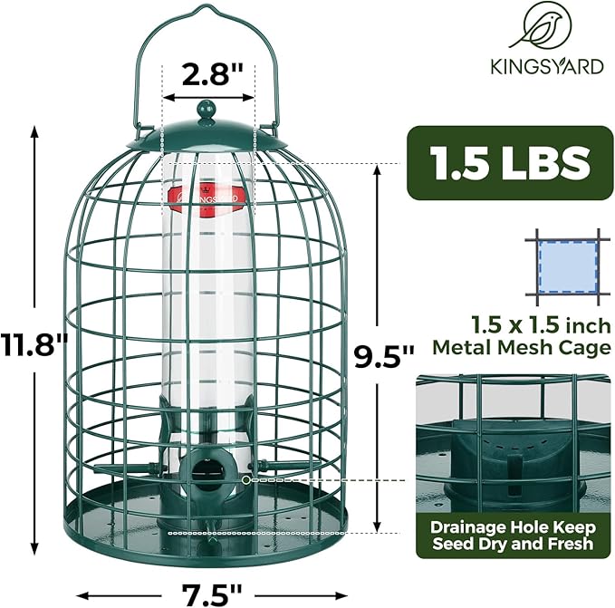 Kingsyard Metal Bird Feeder for Outdoors, Squirrel Proof Caged Tube Feeders Hanging Green, Wild Small Birds Rainproof Station for Garden Yard Seed Easy Clean, Green