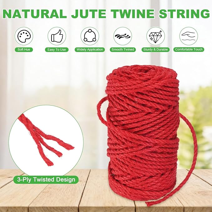 1-Pack Natural Jute Twine String, 4.5mm x 164ft/50m Long Garden Twine String for Crafts/Gift Wrapping/Gardening Plants, Durable Plant Ties Thick Rope [Red]