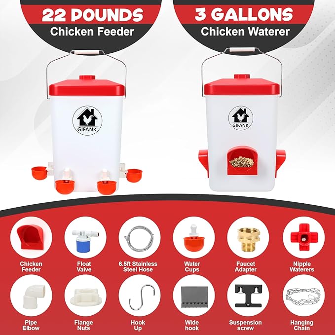 Automatic Chicken Feeder and Waterer Set Hanging Chicken Waterer 3 Gallon Poultry Water Feeder with Nipples and Feeding Ports No Waste,Chicken Coop Accessories