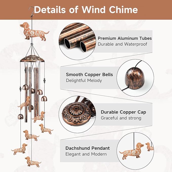Dachshund Dog Wind Chimes for Outside,41" Metal Windchimes, Housewarming/Halloween/Festival Gifts for Women/Men, Pet Memorial Wind Chimes for Dogs, Dachshund Decor for Outside, Patio, Garden or Yard