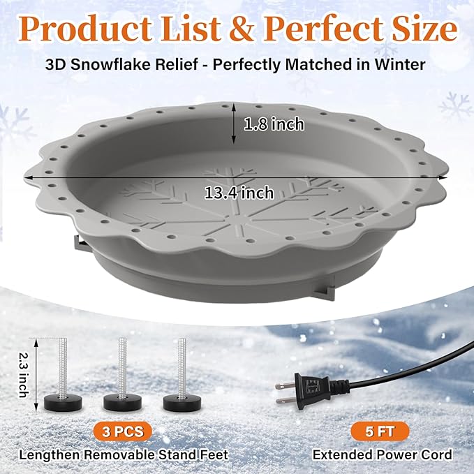 Heated Bird Bath for Outside Winter, Powerful 100W Thermostat Control Heated Bird Baths for Outdoors with 3 Metal Extension Screws, Heated Birdbath Water Heater for Garden Yard Patio Lawn(Grey)