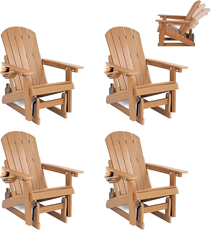 3-Position Adjustable Adirondack Chair with Cup Holder Set of 4, HDPE All-Weather Outdoor Glider Chair, Wood-Grain Fire Pit Chairs for Pool, Yard, Deck (Rustic Teak)