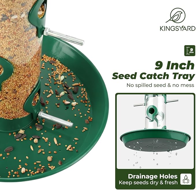 Kingsyard Metal Bird Feeders for Outdoors Hanging, Wild Bird Feeder with Large 11.5" Protective Dome and 8" Removable Tray, 3 lb Seeds Capacity (Green)