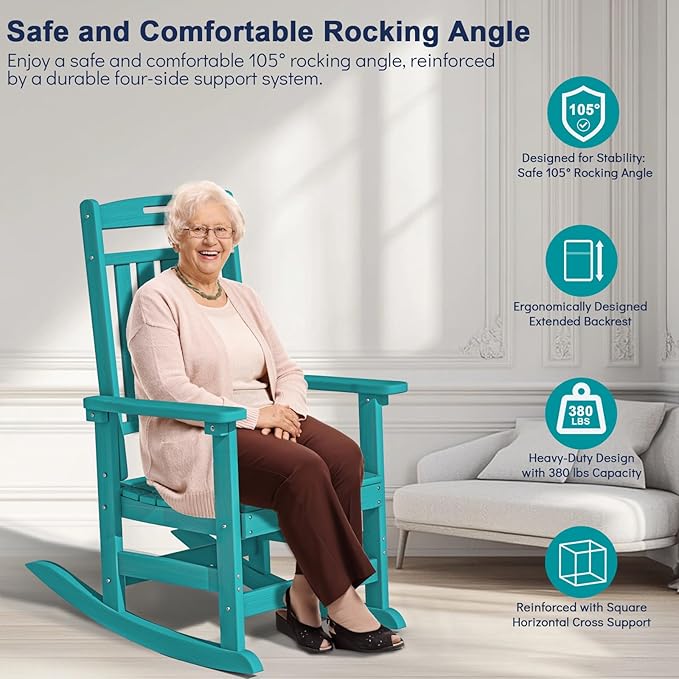 Plawdlik Oversized Outdoor Rocking Chair - All-Weather Resistant,HDPE Heavy Duty Patio Rockers with High Back - Perfect for Porch, Lawn, Garden, Modern Style,Aruba