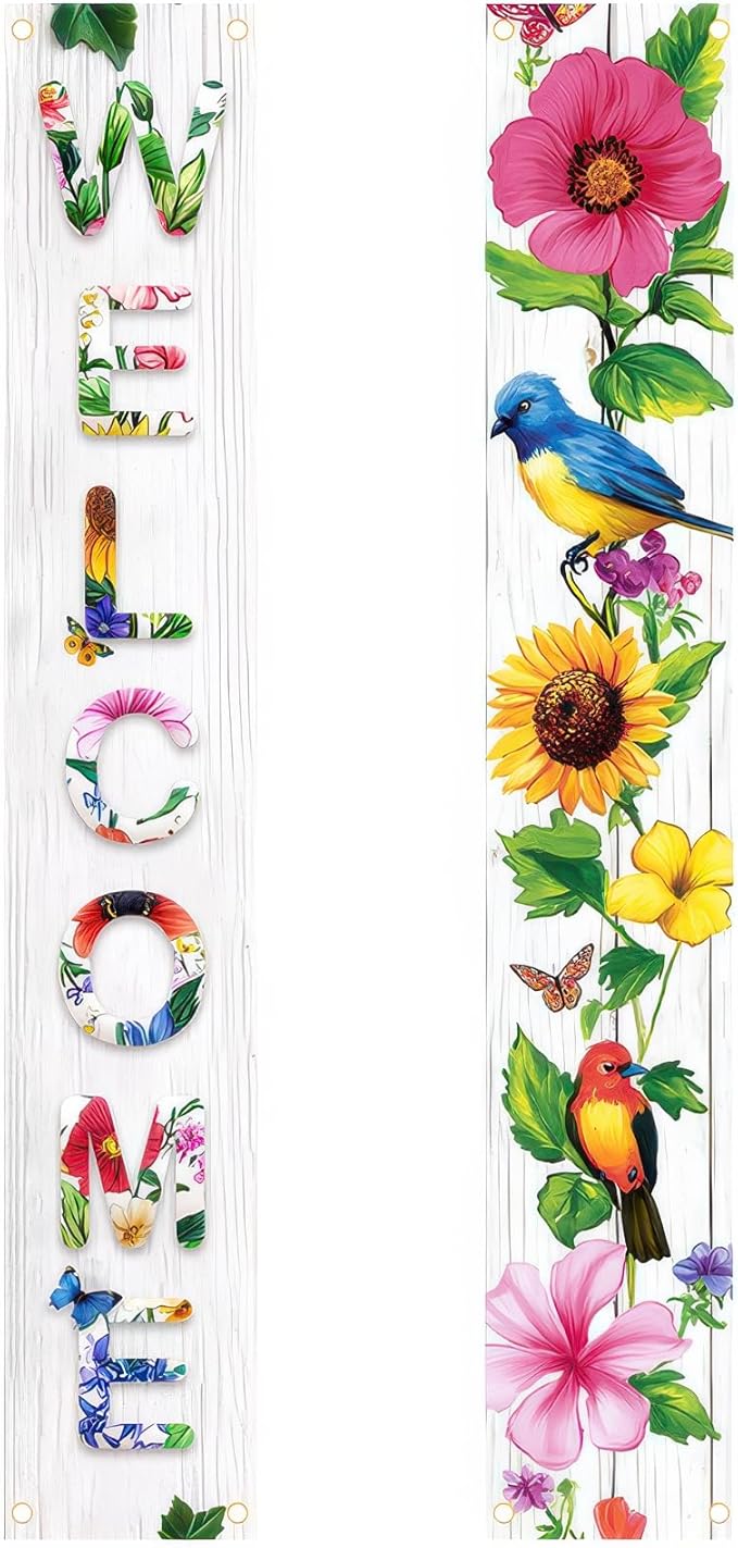 2 Pcs Welcome Floral Porch Banners Spring Bird Flower Hanging Flag Porch Sign for Front Door Outdoor Seasonal Holiday Wedding Yard Decor Farmhouse Indoor Outdoor Wall Backdrop Decorations