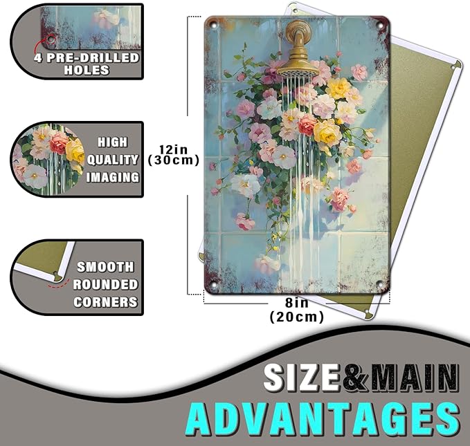 Floral Bathroom Metal Wall Sign Bathroom Flower Wall Art Wildflower Watercolor Print Floral Shower Decor Flower Vintage Poster Sign 8x12inch