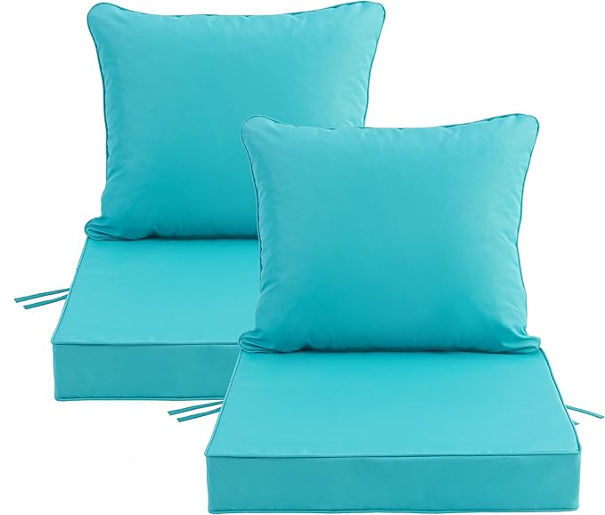 22x22 Inch Patio Chair Cushions Set of 2, Outdoor Furniture Cushions - Removable Cover, Water-Repellent, Fade-Resistant, Non-Slip Bottom & Straps, Replacement for Lawn, Porch & Deck Chair - Teal