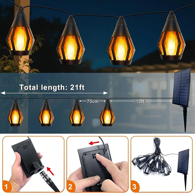 21Ft Solar String Lights Outdoor Waterproof Solar Powered Patio Lights with 10 Flickering Flame Light Bulbs Hanging Lantern String Light for Garden Yard Gazebo Cafe Bistro Party Outdoor Decor