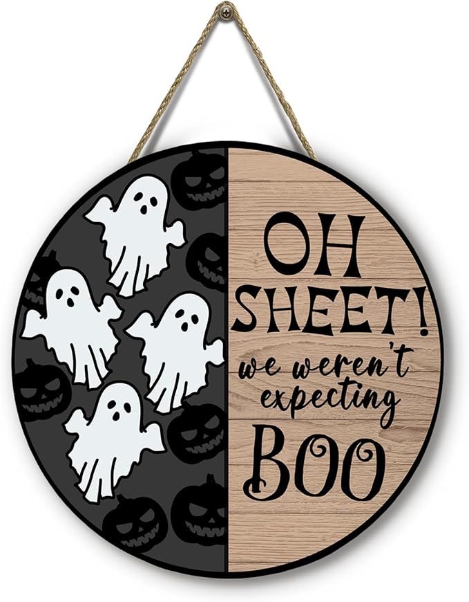 Halloween Spooky Ghost Door Sign for Front Door Horror Boo Pumpkins Door Wall Hangers Welcome Wooden Hanging Sign for Home Party Outdoor Decorations