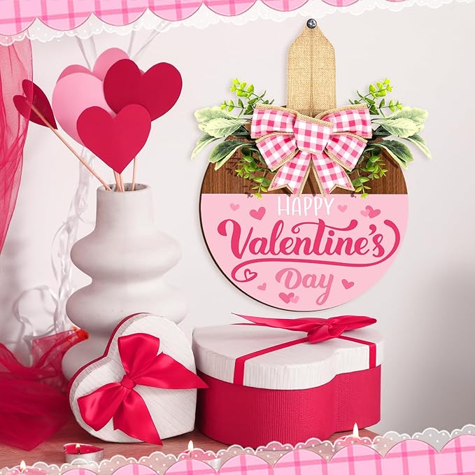 Britimes Happy Valentine’s Day Welcome Door Sign Valentine’s Day Round Wooden Hanging Decorations Pink Romantic Rustic Farmhouse Front Door Sign Wall Art Decor for Home Wedding Outdoor